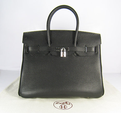 High Quality Fake Hermes Birkin 35CM Pearl Veins Leather Bag Black 6089